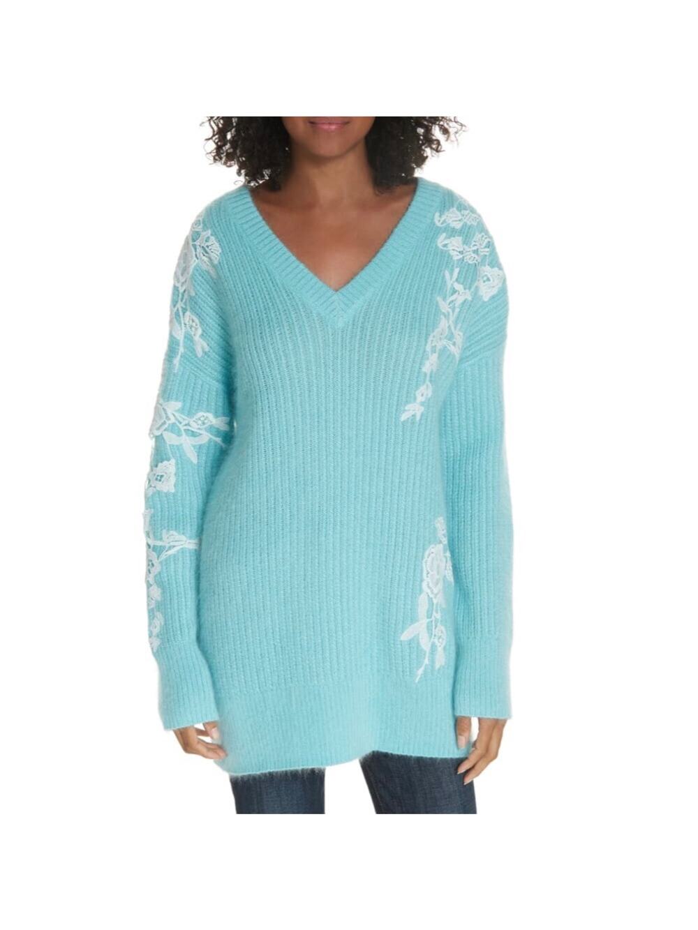 Lewit Silk Wool Mohair Lace Applique Tunic Sweater Teal Blue Size 1 (Large) NEW